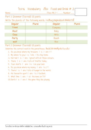 ใบงานวิชาภาษาอังกฤษ รหัสวิชา อ33101 โดย...นายมณเฑียร อิ่นแก้ว (ครู คศ.1)
ใบงาน Vocabulary เรื่อง Food and Drink # 3
Name……...