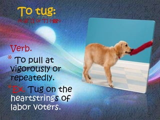To tug:
    /tʌg/ [I or T] (-gg-)


*

 Verb.
* To pull at
 vigorously or
 repeatedly.
*Ex. Tug on the
 heartstrings of
 labor voters.
 