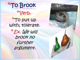 *To Brook
   *Verb.
 *To put up
with; tolerate.
 *Ex. We will
   brook no
    further
  argument.
 