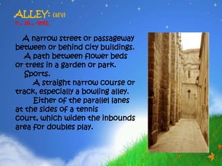 ALLEY: (ăl'ē)
n., pl., -leys.

  A narrow street or passageway
between or behind city buildings.
   A path between flower beds
or trees in a garden or park.
   Sports.
     A straight narrow course or
track, especially a bowling alley.
     Either of the parallel lanes
at the sides of a tennis
court, which widen the inbounds
area for doubles play.
 
