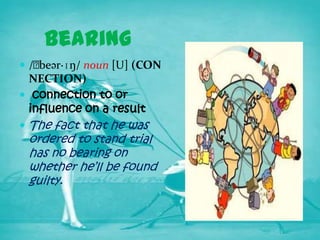 bearing
 /ˈ
   beər·ɪŋ/ noun [U] (CON
  NECTION)
 connection to or
  influence on a result
 The fact that he was
 ordered to stand trial
 has no bearing on
 whether he’ll be found
 guilty.
 