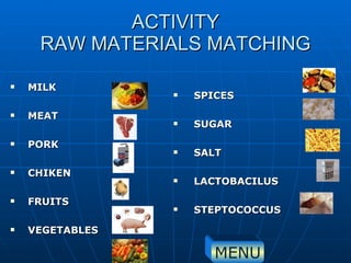 ACTIVITY RAW MATERIALS MATCHING MILK MEAT PORK CHIKEN FRUITS VEGETABLES SPICES SUGAR SALT LACTOBACILUS STEPTOCOCCUS MENU 