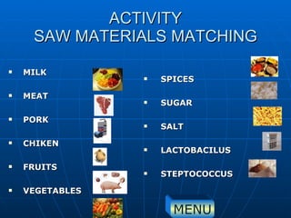 ACTIVITY SAW MATERIALS MATCHING MILK MEAT PORK CHIKEN FRUITS VEGETABLES SPICES SUGAR SALT LACTOBACILUS STEPTOCOCCUS MENU 