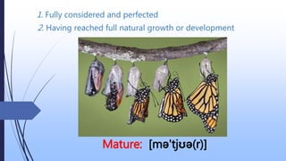 1. Fully considered and perfected
Mature: [mə'tjʊə(r)]
2. Having reached full natural growth or development
 