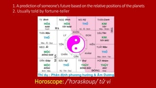 1.Apredictionofsomeone's futurebasedontherelativepositionsoftheplanets
Horoscope: /'hɔrəskoup/ tử vi
2. Usually told by fortune-teller
 