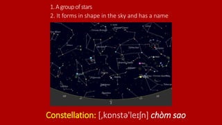 1.Agroupofstars
Constellation: [‚kɒnstə'leɪʃn] chòm sao
2. It forms in shape in the sky and has a name
 