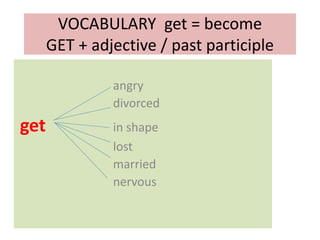 VOCABULARY get = become
GET + adjective / past participle
angry
divorced
get in shape
lost
married
nervous
 
