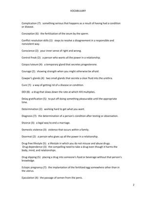 VOCABULARY
Complication (7): something serious that happens as a result of having had a condition
or disease.
Conception (6): the fertilization of the ovum by the sperm.
Conflict resolution skills (1): steps to resolve a disagreement in a responsible and
nonviolent way.
Conscience (2): your inner sense of right and wrong.
Control freak (2): a person who wants all the power in a relationship.
Corpus luteum (4): a temporary gland that secretes progesterone.
Courage (2): showing strength when you might otherwise be afraid.
Cowper’s glands (4): two small glands that secrete a clear fluid into the urethra.
Cure (7): a way of getting rid of a disease or condition.
DDI (8): a drug that slows down the rate at which HIV multiplies.
Delay gratification (5): to put off doing something pleasurable until the appropriate
time.
Determination (2): working hard to get what you want.
Diagnosis (7): the determination of a person’s condition after testing or observation.
Divorce (3): a legal way to end a marriage.
Domestic violence (3): violence that occurs within a family.
Doormat (2): a person who gives up all the power in a relationship.
Drug-free lifestyle (5): a lifestyle in which you do not misuse and abuse drugs.
Drug dependence (3): the compelling need to take a drug even though it harms the
body, mind, and relationships.
Drug slipping (5): placing a drug into someone’s food or beverage without that person‘s
knowledge.
Ectopic pregnancy (7): the implantation of the fertilized egg somewhere other than in
the uterus.
Ejaculation (4): the passage of semen from the penis.
2
 
