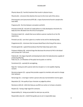 VOCABULARY
Physical abuse (2): harmful treatment that results in physical injury.
Placenta (6): a structure that attaches the ovum to the inner wall of the uterus.
Pneumocystis carnii pneumonia (PCP) (8): a type of pneumonia found in people who
have AIDS.
Pregnancy (6): the time between conception and birth.
Premature birth (6): the birth of a baby before it is fully developed or the birth of a
baby less than 38 weeks from the time of conception.
Premature death (3): a death that occurs before a person reaches his or her life
expectancy.
Prenatal care (6): care that is given to a mother-to-be and her developing baby.
Progesterone (4): a hormone that increases blood flow to the lining of the uterus.
Prostate gland (4): a gland that produces fluid that helps keep sperm alive.
Protease inhibitors (8): antiviral drugs that decrease the amount of HIV in the blood
and increase the T cell count.
Puberty (4): the stage of growth and development when the body becomes capable of
producing offspring.
Pubic lice (7): an infestation of the pubic hair by pubic or crab lice.
Punishment (2): a penalty for wrongdoing.
Rape (5): having sex with a person who has not given or is not capable of giving
consent.
Recovery program (3): a group that provides support to members who want to change
their behavior.
Remarriage (3): a marriage in which a person who was married before marries again.
Reputation (2): the quality of your character as judged by others.
Resistance skills (2): skills that help you say NO to an action or to leave a situation.
Respect (2): having a high regard for someone.
Responsibility (1): being accountable for what you say and do.
Responsible value (2): a belief that guides you to act in responsible ways.
6
 