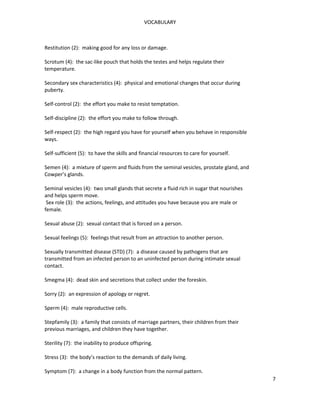 VOCABULARY
Restitution (2): making good for any loss or damage.
Scrotum (4): the sac-like pouch that holds the testes and helps regulate their
temperature.
Secondary sex characteristics (4): physical and emotional changes that occur during
puberty.
Self-control (2): the effort you make to resist temptation.
Self-discipline (2): the effort you make to follow through.
Self-respect (2): the high regard you have for yourself when you behave in responsible
ways.
Self-sufficient (5): to have the skills and financial resources to care for yourself.
Semen (4): a mixture of sperm and fluids from the seminal vesicles, prostate gland, and
Cowper’s glands.
Seminal vesicles (4): two small glands that secrete a fluid rich in sugar that nourishes
and helps sperm move.
Sex role (3): the actions, feelings, and attitudes you have because you are male or
female.
Sexual abuse (2): sexual contact that is forced on a person.
Sexual feelings (5): feelings that result from an attraction to another person.
Sexually transmitted disease (STD) (7): a disease caused by pathogens that are
transmitted from an infected person to an uninfected person during intimate sexual
contact.
Smegma (4): dead skin and secretions that collect under the foreskin.
Sorry (2): an expression of apology or regret.
Sperm (4): male reproductive cells.
Stepfamily (3): a family that consists of marriage partners, their children from their
previous marriages, and children they have together.
Sterility (7): the inability to produce offspring.
Stress (3): the body’s reaction to the demands of daily living.
Symptom (7): a change in a body function from the normal pattern.
7
 