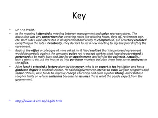 • DAY AT WORK
• In the morning I attended a meeting between management and union representatives. The
discussion was very comprehensive, covering topics like working hours, days off, retirement age,
etc. Both sides were interested in an agreement and ready to compromise. The secretary recorded
everything in the notes. Eventually, they decided to set a new meeting to sign the final draft of the
agreement.
• Back at the office, a colleague of mine asked me if I had realized that the proposed agreement
would be partially against the company policy not to accept workers that have already retired. I
pretended to be really busy and late for an appointment, and left for the cafeteria. Actually, I
didn't want to discuss the matter at that particular moment because there were some strangers in
the office.
• After lunch I attended a lecture given by the mayor, who is an expert in tax legislation and has a
graduate degree in political science. He said his government intends to assist welfare programs and
senior citizens, raise funds to improve college education and build a public library, and establish
tougher limits on vehicle emissions because he assumes this is what the people expect from the
government.
• http://www.sk.com.br/sk-fals.html
Key
 