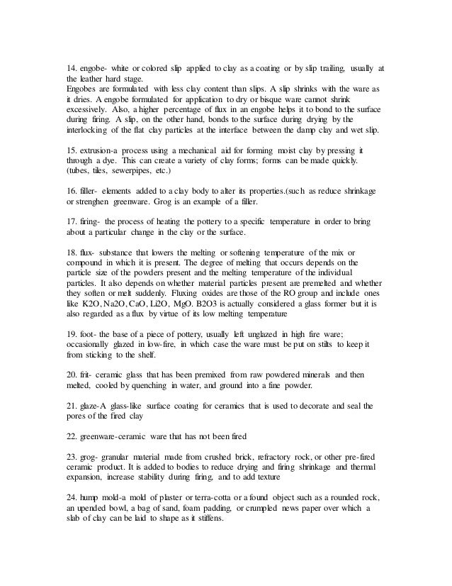 Clay Vocabulary list (ceramics, pottery)