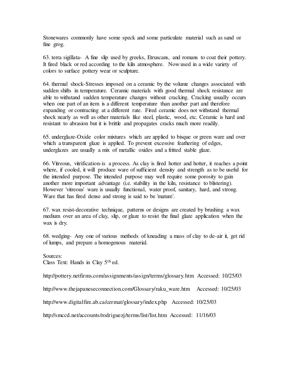 Clay Vocabulary list (ceramics, pottery)