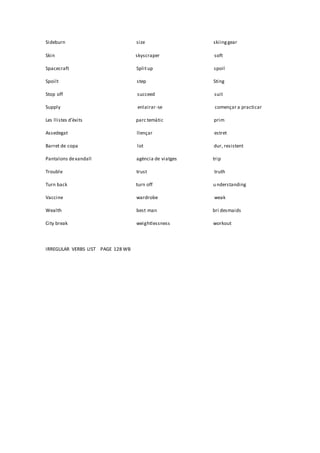 Sideburn size skiinggear
Skin skyscraper soft
Spacecraft Splitup spoil
Spoilt step Sting
Stop off succeed suit
Supply enlairar-se començar a practicar
Les llistes d’èxits parc temàtic prim
Assedegat llençar estret
Barret de copa lot dur, resistent
Pantalons dexandall agència de viatges trip
Trouble trust truth
Turn back turn off u nderstanding
Vaccine wardrobe weak
Wealth best man bri desmaids
City break weightlessness workout
IRREGULAR VERBS LIST PAGE 128 WB
 