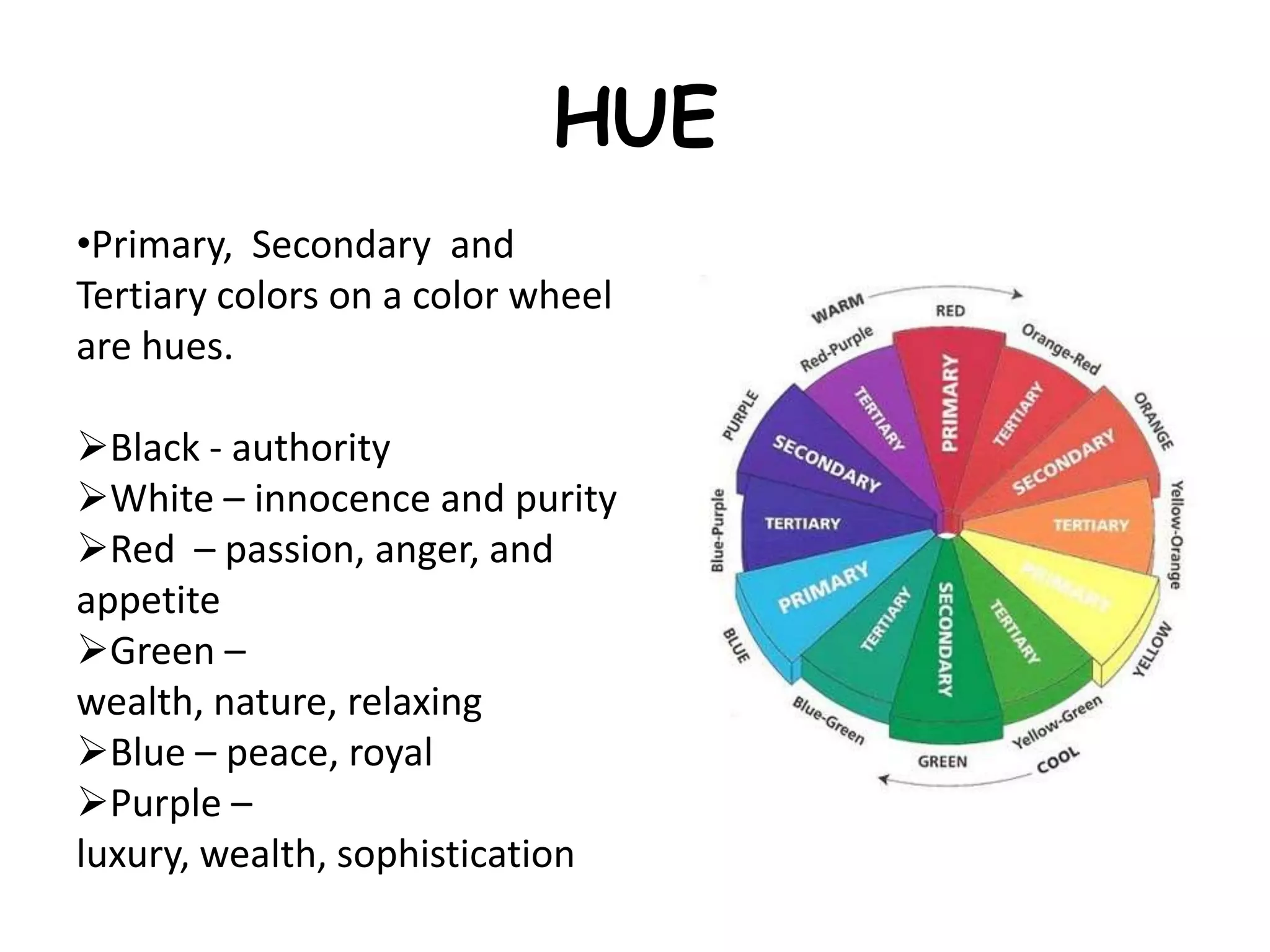 HUE
•Primary, Secondary and
Tertiary colors on a color wheel
are hues.
Black - authority
White – innocence and purity
Red – passion, anger, and
appetite
Green –
wealth, nature, relaxing
Blue – peace, royal
Purple –
luxury, wealth, sophistication
 