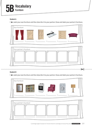 Cambridge English Empower A2 Teacher’s Book © Cambridge University Press 2015 PHOTOCOPIABLE 237
Vocabulary
Furniture5B
Student A
Label your own furniture and then describe it to your partner. Draw and label your partner’s furniture.
Student B
Label your own furniture and then describe it to your partner. Draw and label your partner’s furniture.
Your furniture
Your furniture
Your partner’s furniture
Your partner’s furniture
1
1
2
2
3
3
4
4
5
5
6
6
✂
1
1 2 3 4 5 6
2 3 4 5 6
 