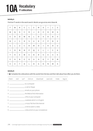 246  Cambridge English Empower A2 Teacher’s Book © Cambridge University Press 2015  PHOTOCOPIABLE
Vocabulary
IT collocations10A
Activity A
Find ten IT words in the word search. Words can go across or down .
F W N C L E M A I L S
W Q D C R J O E O M A
E D O W N L O A D B V
B J C R S U R F P B E
S L U C H M O I H O U
I D M M P Q C L I C K
T H E W E B R E E S E
E K N E G A H G Y O M
E E T D L O G O N W A
Activity B
	 Complete the collocations with the words from the box and then talk about how often you do them.
check  visit  surf  click on  download  save (x2)  make  log on
1	 to a computer
2	 a call on Skype
3	 emails on your phone
4	 the Web to find information
5	 a file on your computer
6	 a website which is in English
7	 a music file from the Internet
8	 a link to watch a video
9	 a document on your smartphone
 