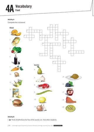 234 Cambridge English Empower A2 Teacher’s Book © Cambridge University Press 2015 PHOTOCOPIABLE
Activity A
Complete the crossword.
1 2
3 4
5 6 7
8
9 10 11
12
13
14 15
16
17
18 19
20
Vocabulary
Food4A
Down
1
2
3
6
7
11
12
15
19
Across
4
5
8
9
10
13
14
16
17
18
20
Activity B
Think of definitions for five of the words in A. Test other students.
 