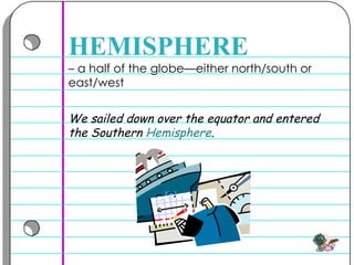 –  a half of the globe—either north/south or east/west  HEMISPHERE We sailed down over the equator and entered the Southern  Hemisphere .  