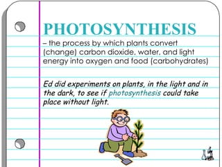 –  the process by which plants convert (change) carbon dioxide, water, and light energy into oxygen and food (carbohydrates)  PHOTOSYNTHESIS Ed did experiments on plants, in the light and in the dark, to see if  photosynthesis   could take place without light.  