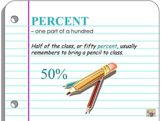 –  one part of a hundred  PERCENT Half of the class, or fifty  percent , usually remembers to bring a pencil to class.  50% 
