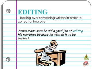 –  looking over something written in order to correct or improve  EDITING James made sure he did a good job of  editing  his narrative because he wanted it to be perfect. 