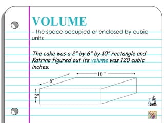 –  the space occupied or enclosed by cubic units  VOLUME The cake was a 2” by 6” by 10” rectangle and Katrina figured out its  volume  was 120 cubic inches.  10  " 2 " 6 " 