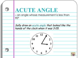 –  an angle whose measurement is less than 90° ACUTE ANGLE Sally drew an  acute angle  that looked like the hands of the clock when it was 3:05. 