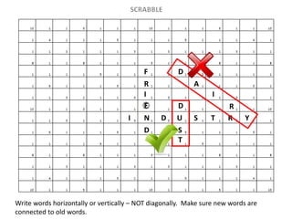 F
R
I
E
N
D
Write words horizontally or vertically – NOT diagonally. Make sure new words are
connected to old words.
I D U S T R Y
D
RD
S
T
A
I
 