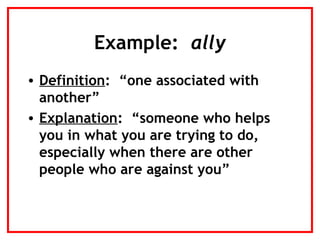 Ally Examples Vocabulary Slides - Selecting & Teaching | PPT