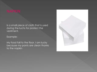 NAPKIN
Is a small piece of cloth that is used
during the luchs for protect the
vestiment.
Example:
My food fall to the floor. I am lucky
because my pants are clean thanks
to the napkin
 