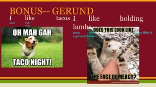 BONUS-- GERUND
I like tacos
noun verb
noun
I like holding
lambs.
noun verb noun (this is
a gerund phrase)
 