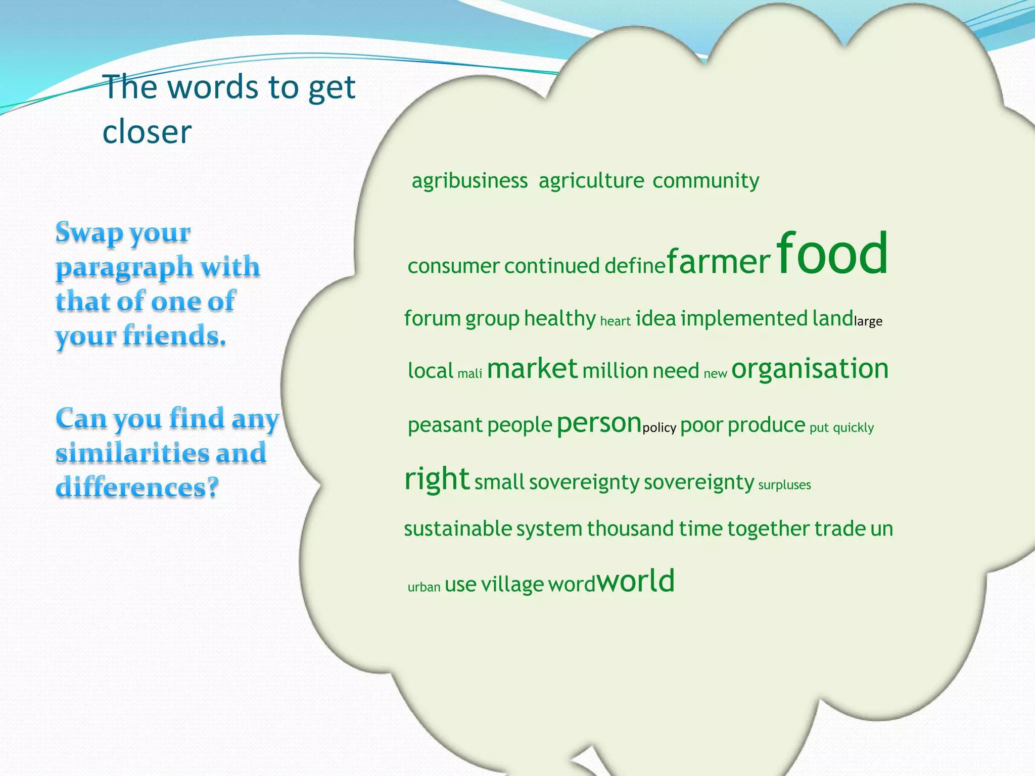 The words to get
closer
                   agribusiness agriculture community


                   consumer continued define   farmer      food
                   forum group healthy heart idea implemented landlarge

                   local mali market million need new organisation

                   peasant people personpolicy poor produce put quickly

                   right small sovereignty sovereignty surpluses
                   sustainable system thousand time together trade un

                   urban   use village wordworld
 