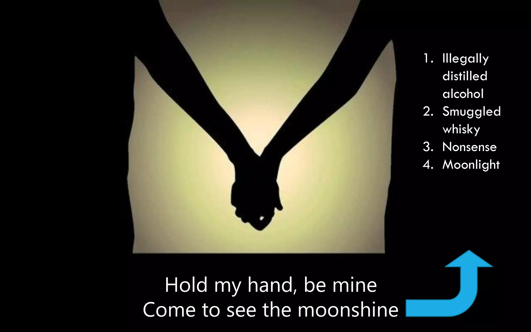 Hold my hand, be mine
Come to see the moonshine
1. Illegally
distilled
alcohol
2. Smuggled
whisky
3. Nonsense
4. Moonlight
 