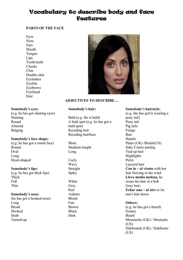 Vocabulary to describe body and face features