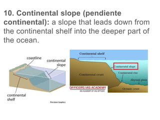 10. Continental slope (pendiente
continental): a slope that leads down from
the continental shelf into the deeper part of
the ocean.
 