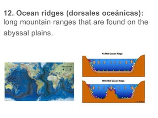 12. Ocean ridges (dorsales oceánicas):
long mountain ranges that are found on the
abyssal plains.
 