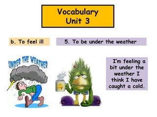 Vocabulary
Unit 3
b. To feel ill

5. To be under the weather
I’m feeling a
bit under the
weather I
think I have
caught a cold.

 