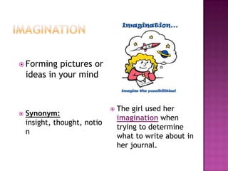 imaginationThe girl used her imagination when trying to determine what to write about in her journal.Forming pictures or ideas in your mindSynonym:  insight, thought, notion