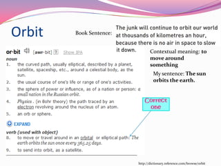 Orbit   Book Sentence:


                                Contextual meaning: to
                                move around
                                something
                                  My sentence: The sun
                                  orbits the earth.




                         http://dictionary.reference.com/browse/orbit
 