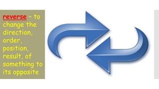 reverse – to
change the
direction,
order,
position,
result, of
something to
its opposite
 