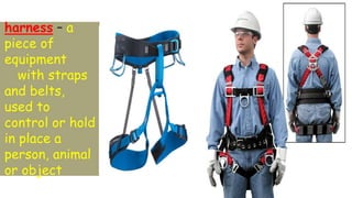 harness – a
piece of
equipment
with straps
and belts,
used to
control or hold
in place a
person, animal
or object
 