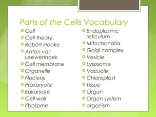 Parts of the Cells Vocabulary
 Cell             Endoplasmic
 Cell theory       reticulum
 Robert Hooke     Mitochondria

 Anton van        Golgi complex
  Leewenhoek       Vesicle
 Cell membrane    Lysosome
 Organelle        Vacuole
 Nucleus          Chloroplast
 Prokaryote       Tissue
 Eukaryote        Organ
 Cell wall        Organ system
 ribosome         organism
 