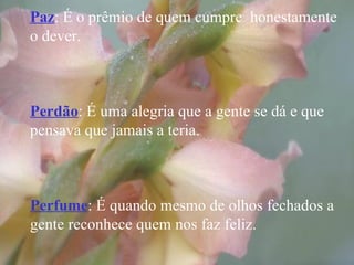 Paz : É o prêmio de quem cumpre  honestamente o dever. Perdão : É uma alegria que a gente se dá e que pensava que jamais a teria. Perfume : É quando mesmo de olhos fechados a gente reconhece quem nos faz feliz. 