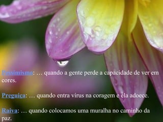 Pessimismo : É quando a gente perde a capacidade de ver em cores. Preguiça : É quando entra vírus na coragem e ela adoece. Raiva : É quando colocamos uma muralha no caminho da paz. 