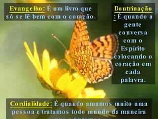 Doutrinação:  É quando a gente conversa com o Espírito colocando o coração em cada palavra. Cordialidade:  É quando amamos muito uma pessoa e tratamos todo mundo da maneira que a tratamos. Evangelho:  É um livro que só se lê bem com o coração. 