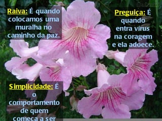 Raiva: É quando     Preguiça: É
colocamos uma         quando
  muralha no        entra vírus
caminho da paz.     na coragem
                   e ela adoece.




S implicidade: É
        o
comportamento
    de quem
 