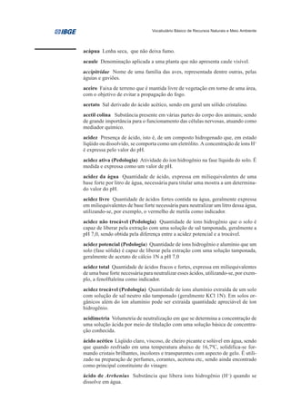 Vocabulário Básico de Recursos Naturais e Meio Ambiente




acápua Lenha seca, que não deixa fumo.
acaule Denominação aplicada a uma planta que não apresenta caule visível.
accipitridae Nome de uma família das aves, representada dentre outras, pelas
águias e gaviões.
aceiro Faixa de terreno que é mantida livre de vegetação em torno de uma área,
com o objetivo de evitar a propagação do fogo.
acetato Sal derivado do ácido acético, sendo em geral um sólido cristalino.
acetil colina Substância presente em várias partes do corpo dos animais; sendo
de grande importância para o funcionamento das células nervosas, atuando como
mediador químico.
acidez Presença de ácido, isto é, de um composto hidrogenado que, em estado
líqüido ou dissolvido, se comporta como um eletrólito. A concentração de íons H+
é expressa pelo valor do pH.
acidez ativa (Pedologia) Atividade do íon hidrogênio na fase líquida do solo. É
medida e expressa como um valor de pH.
acidez da água Quantidade de ácido, expressa em miliequivalentes de uma
base forte por litro de água, necessária para titular uma mostra a um determina-
do valor do pH.
acidez livre Quantidade de ácidos fortes contida na água, geralmente expressa
em miliequivalentes de base forte necessária para neutralizar um litro dessa água,
utilizando-se, por exemplo, o vermelho de metila como indicador.
acidez não trocável (Pedologia) Quantidade de íons hidrogênio que o solo é
capaz de liberar pela extração com uma solução de sal tamponada, geralmente a
pH 7,0, sendo obtida pela diferença entre a acidez potencial e a trocável.
acidez potencial (Pedologia) Quantidade de íons hidrogênio e alumínio que um
solo (fase sólida) é capaz de liberar pela extração com uma solução tamponada,
geralmente de acetato de cálcio 1N a pH 7,0
acidez total Quantidade de ácidos fracos e fortes, expressa em miliequivalentes
de uma base forte necessária para neutralizar esses ácidos, utilizando-se, por exem-
plo, a fenolftaleína como indicador.
acidez trocável (Pedologia) Quantidade de íons alumínio extraída de um solo
com solução de sal neutro não tamponado (geralmente KCl 1N). Em solos or-
gânicos além do íon alumínio pode ser extraída quantidade apreciável de íon
hidrogênio.
acidimetria Volumetria de neutralização em que se determina a concentração de
uma solução ácida por meio de titulação com uma solução básica de concentra-
ção conhecida.
ácido acético Líqüido claro, viscoso, de cheiro picante e solúvel em água, sendo
que quando resfriado em uma temperatura abaixo de 16,70C, solidifica-se for-
mando cristais brilhantes, incolores e transparentes com aspecto de gelo. É utili-
zado na preparação de perfumes, corantes, acetona etc, sendo ainda encontrado
como principal constituinte do vinagre.
ácido de Arrhenius Substância que libera íons hidrogênio (H +) quando se
dissolve em água.
 