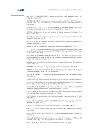 Vocabulário Básico de Recursos Naturais e Meio Ambiente




BERTONI, J.; LOMBARDI NETO, F. Conservação do solo. 3. ed. São Paulo: Ícone, 1993.
355 p. (Brasil agrícola).

BEZERRA, P. E. L. Neotectônica e morfogênese da região de Carolina (MA, TO): bacia do
Parnaíba. 1996. 235 p. Tese (Mestrado)-Centro de Geociências, Universidade Federal do
Pará, Belém.

BIDONE, F. R. A.; TUCCI, C. E. M. Microdrenagem. In: Drenagem urbana. Porto Alegre:
Associação Brasileira de Recursos Hídricos: Ed. da UFRGS, 1995. p. 77-105.

BIONDI, J. C. Depósitos de minerais metálicos de filiação magmática. São Paulo: T. A.
Queiroz, 1986. 602 p.

BRAILE, P.M. Dicionário inglês-português de termos técnicos de ciências ambientais. Rio
de Janeiro: SESI, 1992. 502 p.

BRANCO, M. S. et al. Hidrologia ambiental. São Paulo: EDUSP: Associação Brasileira de
Recursos Hídricos,1991. 414 p.

BRANCO, P. de M. Dicionário de mineralogia. Rio de Janeiro: CPRM, 1979. 254 p.

______A QUESTÃO ambiental e a ação do IPAAM no estado do Amazonas. Manaus: Insti-
tuto de Proteção Ambiental do Amazonas, 2000. 33 p. Glossário gemológico. Porto Alegre:
Ed. da UFRGS, 1984.204 p.

BRANDÃO, W.; SARDOU FILHO, R.; QUEIRÓZ, E. T. de. Mármores, granitos e outras
rochas ornamentais no Brasil. In: PRINCIPAIS depósitos minerais do Brasil. [S.l.]: DNPM-
CPRM. 1991. 461p. p. 371-382. v. 4A.

BRASIL, Assis. Vocabulário de ecologia: mistérios e sabedoria da natureza. Rio de Janeiro:
Ediouro, 1992. 168 p.

BRINKMANN, R. Compendio de geologia general. Barcelona: Labor, 1964. 351 p.

BROWN, M. The definition of metatexis, diatexis and migmatite. Proceedings of the Geologists
Association, Oxford, v. 84, n. 4, p. 371-382, Dec.1973.

BURK, C. A.; DRAKE, C. L. The geology of continental margins. New York: Springer-Verlag,
1974. 1009 p.

CANALS, M. A. F. Atlas de química. Barcelona: Jover, 1968. Primeira edição portuguesa.

CAPRA, F. A teia da vida: uma nova compreensão científica dos sistemas vivos. Tradução de
Newton Roberval Eichemberg. São Paulo: Cultrix, 1996. 256 p.

CARNEIRO, C. D. R.; LIMA, M. O. Análise de foliações em áreas dobradas. São Paulo:
Instituto de Pesquisas Tecnológicas, 1990. (Publicação IPT, v. 1753).

CARVALHO, B. de A. Glossário de saneamento e ecologia. Rio de Janeiro: Associação Bra-
sileira de Engenharia Sanitária e Ambiental, 1981. 204 p.

CASTANHO,O. S.; MACHADO, E. R. Geologia estrutural. Porto Alegre: Ed. da UFRGS,
1980. 179 p.

CAZEAU, C. J.; HATCHER Jr., R. D.; SIEMANKOWSKI, F. T. Physical geology. New York:
Harper & Row, 1976. 518 p.

CHUNG, K. C. Vamos falar de estrelas? Rio de Janeiro: Ed. da UERJ, 2000. 151 p.

COSTA, I. G. da et al. Seminário sobre “rifts”intracontinentais. Rio de Janeiro: PETROBRAS,
1987. 304 p.

COSTA, J. B. S.; HASUI, Y.; PINHEIRO, R. V. L. Bacias sedimentares. Belém: Ed. da UFPA,
1992. 106 p.

COSTA, L. T. da R. Sedimentação holocênica no estuário do rio Araguari - AP. Belém: Ed.
da UFPA, 1996. 135 p. Curso de pós-graduação em Geologia e Geoquímica.

COSTA, M. A. S. da . Silvicultura geral. Lisboa: Litexa, 1993. v. 1. 262 p.
 