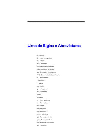 Lista de Siglas e Abreviaturas
     al. - Alemão
     0
     C - Graus centígrados
     cal - Caloria
     cm - Centímetro
     cm2 - Centímetro quadrado
     cmolc - Centimol de cargas
     cps - Cintilações por segundo
     CTC - Capacidade de troca de cátions
     dS - DeciSiemens
     fr. - Francês
     g - Grama
     ing. - Inglês
     kg - Quilograma
     km - Quilômetro
     l - Litro
     m - Metro
     m2 - Metro quadrado
     m3 - Metro cúbico
     mb - Milibar
     mg - Miligrama
     mm - Milímetro
     mmhs - Milimohs
     ppb - Partes por bilhão
     ppm - Partes por milhão
     rpm - Rotações por minuto
     seg. - Segundo
 